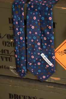 Cravatta E.Marinella Blu Scuro con Fiori Marroni Blu e Rosa
